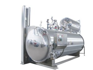 Retorta rotativa de pulverização com abertura vertical